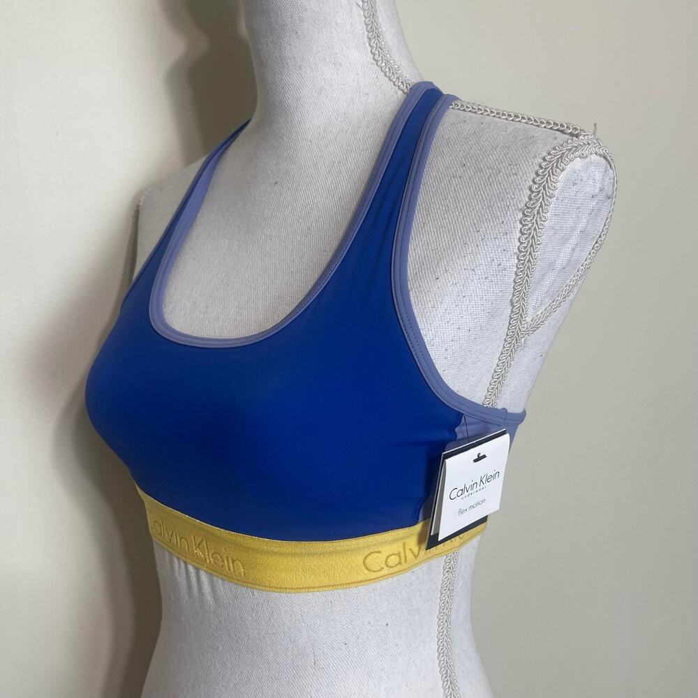 Calvin Klein Women's Performance Sports Bra Blue Yellow Lining, Small NEW W/ TAG